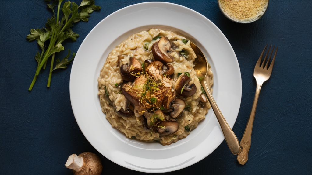 Risotto de champiñones servido en un plato blanco