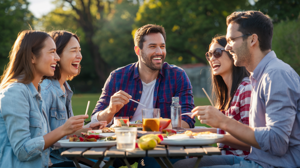 Personas disfrutando de una parrillada.