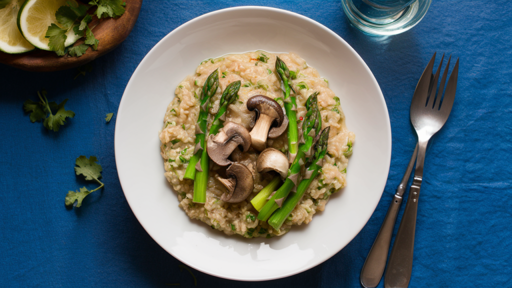 Risotto de quinua con espárragos y champiñones.