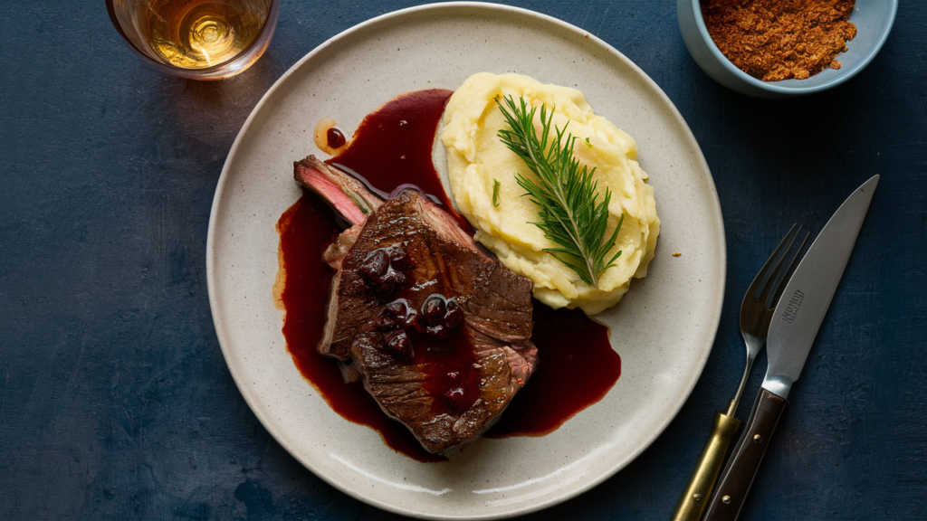 Filete de ribeye con salsa de vino tinto servido en un plato