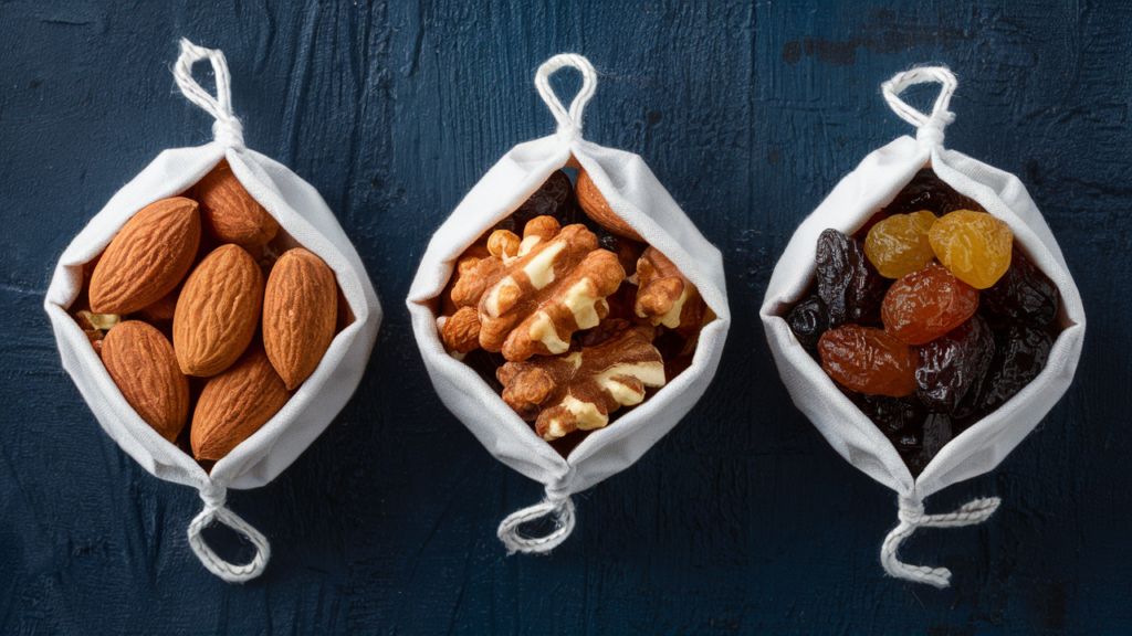 Bolsitas con una mezcla de almendras, nueces y pasas.