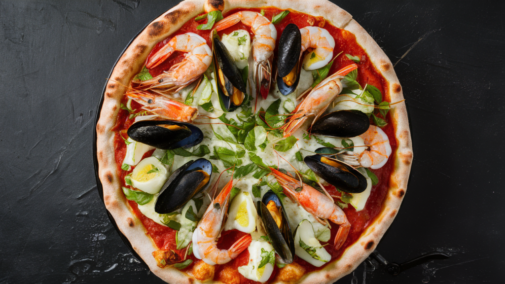 Pizza de mariscos con camarones, mejillones y calamares.