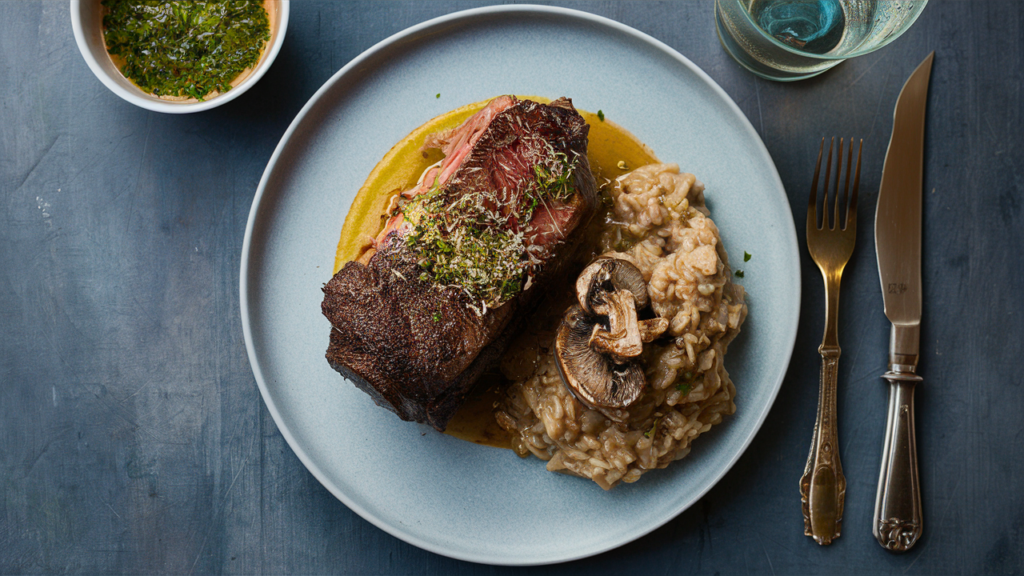 Asado de tira cocinado a la cocción lenta con risotto de champiñones