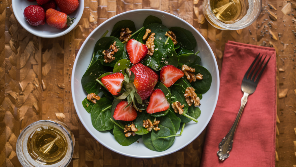 Ensalada de espinacas con fresas y nueces caramelizadas.