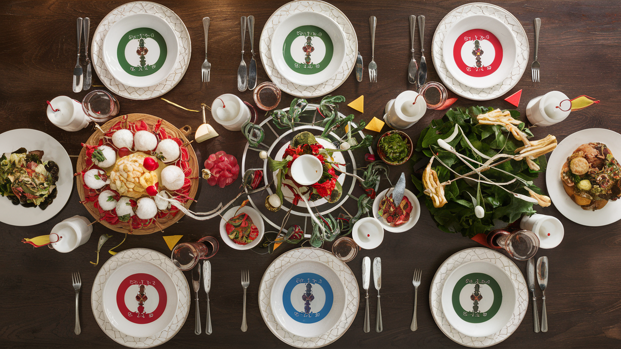 Mesa decorada para una cena temática con elementos decorativos y platos variados.