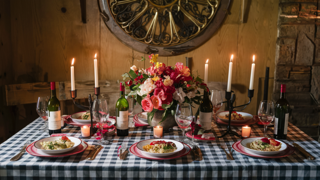 Mesa decorada con temática italiana, con manteles a cuadros y platos italianos.