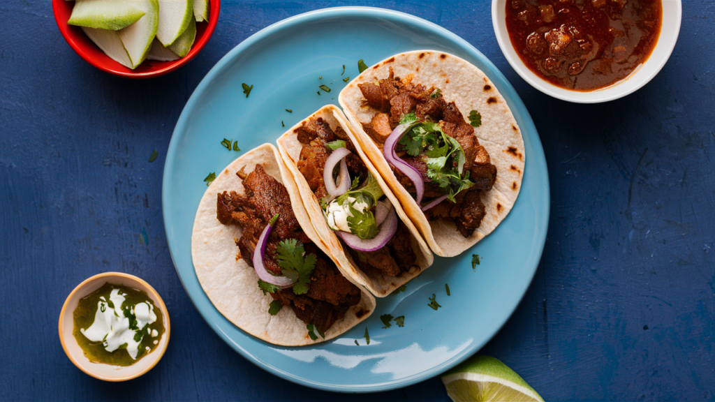 Tacos al pastor con carne de cerdo, cebolla y cilantro.