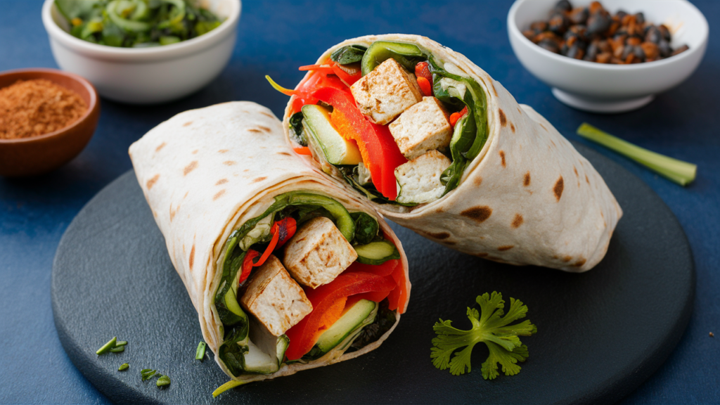 Wrap de tofu y verduras frescas cortado a la mitad.