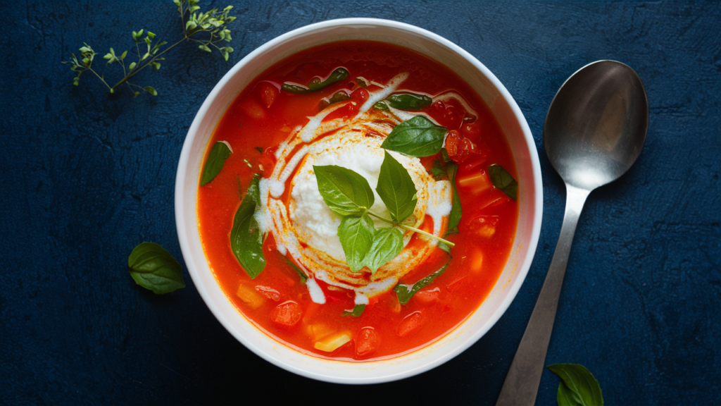 Sopa de tomate y albahaca servida con un toque de crema de coco y jengibre.