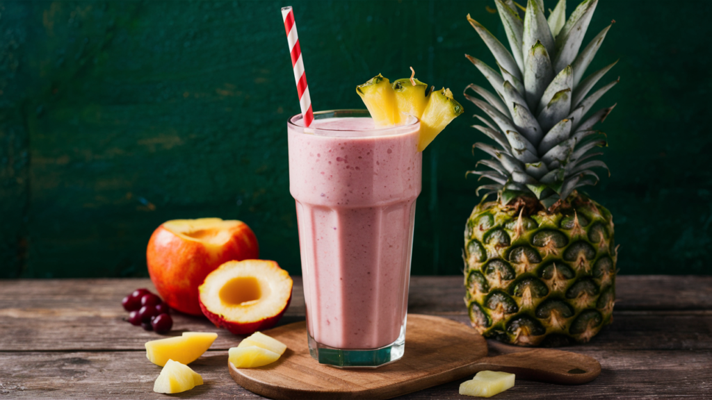 Batido de frutas tropicales servido en un vaso alto con una rodaja de piña