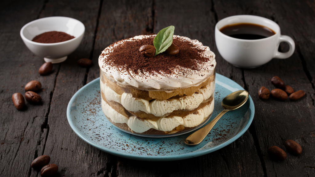 Tiramisú desestructurado con capas individuales de mascarpone, café, bizcocho y cacao.