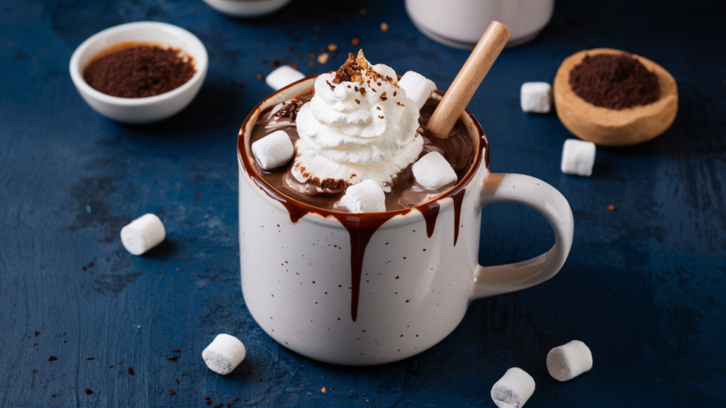 Taza de chocolate caliente vegano decorada con crema batida vegana y malvaviscos veganos.