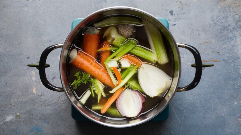 Restos de vegetales en una olla con agua hirviendo.