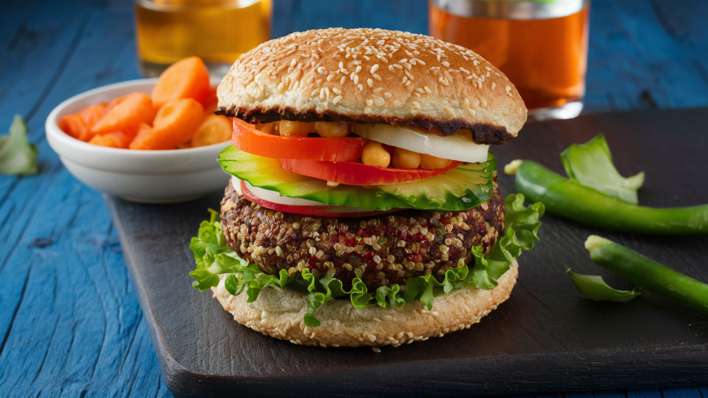 Hamburguesa vegetariana con quinoa, garbanzos y verduras frescas.
