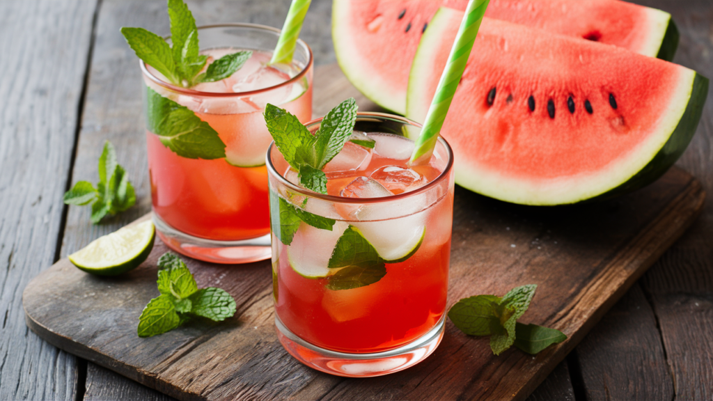 Limonada de sandía y menta servida en vasos con hojas de menta y hielo